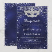 Masquerade navy blue Silver Quinceanera Kaart (Voorkant / Achterkant)