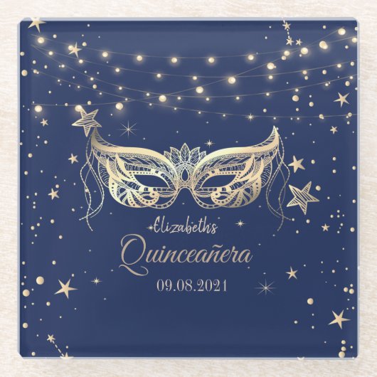Masquerade, Navy Blue Stars Quinceañera Glazen Onderzetter (Voorkant)