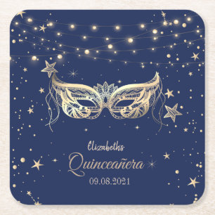 Masquerade, Navy Blue Stars Quinceañera Kartonnen Onderzetters