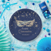 Masquerade, Navy Blue Stars Quinceañera Papieren Bordje (Feest)