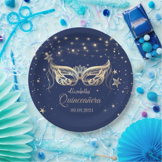 Masquerade, Navy Blue Stars Quinceañera Papieren Bordje (Feest)