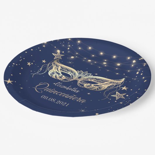 Masquerade, Navy Blue Stars Quinceañera Papieren Bordje (Gekanteld)