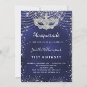 Masquerade navy blue zilververjaarfeest kaart (Voorkant)