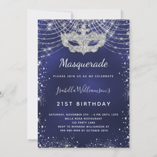Masquerade navy blue zilververjaarfeest kaart (Voorkant)