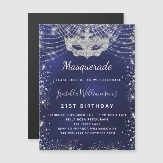 Masquerade navy blue zilververjaarfeest magnetische uitnodiging (Voorkant / Achterkant)