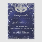 Masquerade navy blue zilververjaarfeest magnetische uitnodiging (Voorkant)