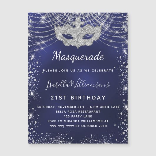 Masquerade navy blue zilververjaarfeest magnetische uitnodiging (Voorkant)