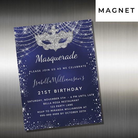 Masquerade navy blue zilververjaarfeest magnetische uitnodiging