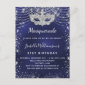 Masquerade navy blue zilververjaarfeest uitnodiging briefkaart (Voorkant)