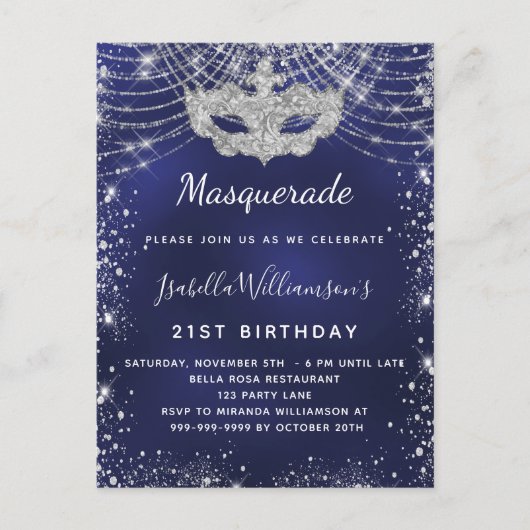 Masquerade navy blue zilververjaarfeest uitnodiging briefkaart (Voorkant)