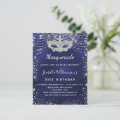 Masquerade navy blue zilververjaarfeest uitnodiging briefkaart (Staand voorkant)
