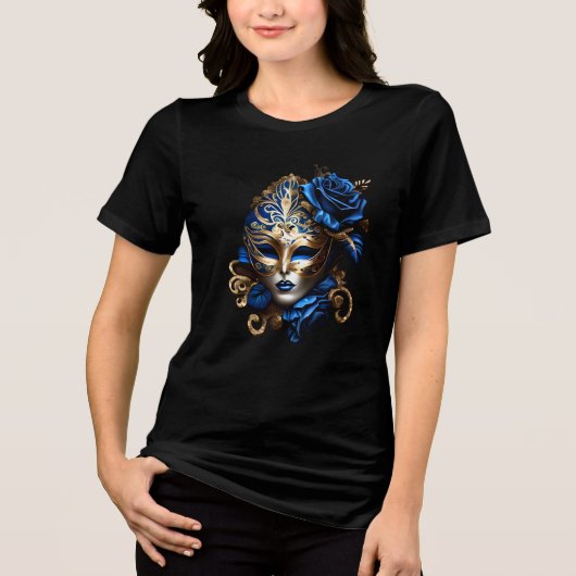 Masquerade oogmasker blauw gouden veren Venetiaans Tri-Blend Shirt (Voorkant)