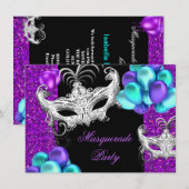 Masquerade Paars Blauwgroen Blue Glitter Party Kaart (Voorkant / Achterkant)