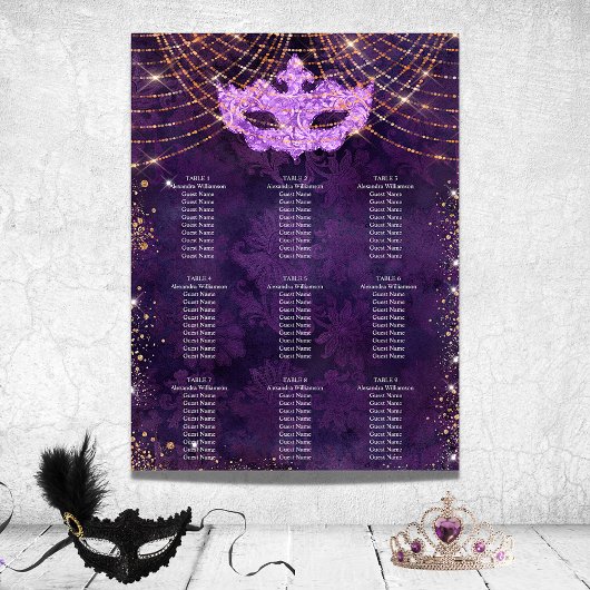 Masquerade paars glitter 9 tafels zitrooster poster