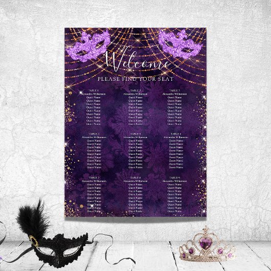 Masquerade paars glitter 9 tafels zitrooster poster