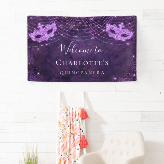 Masquerade paars glitterstof Quinceanera Spandoek (Insitu)