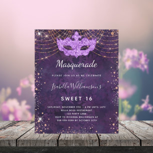 Masquerade paars gold Sweet 16 budget uitnodiging Flyer