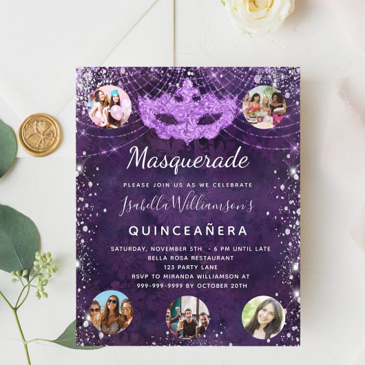 Masquerade paars Quinceanera-begrotingsuitnodiging Flyer