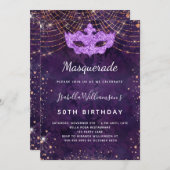 Masquerade paars roos goudglitter verjaardagsfeest kaart (Voorkant / Achterkant)