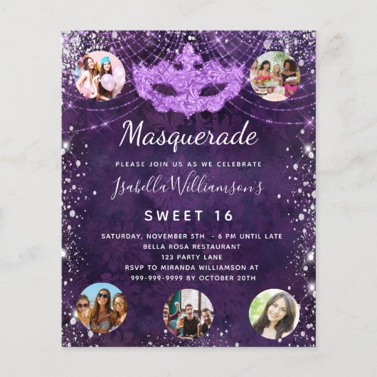 Masquerade paars Sweet 16-begrotingsuitnodiging Flyer (Voorkant)