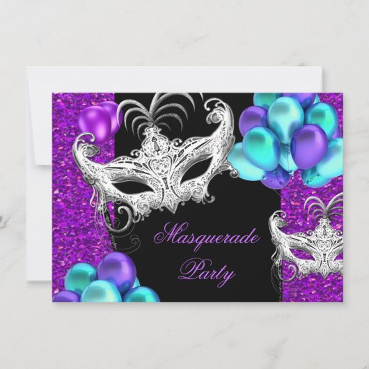 Masquerade Paars Turquoise Blauwe Glitter Feest Kaart (Voorkant)