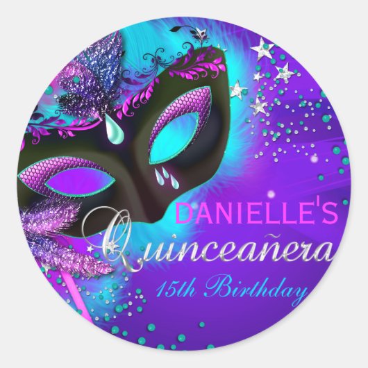 Masquerade Paars & Turquoise Quinceanera Sticker (Voorkant)