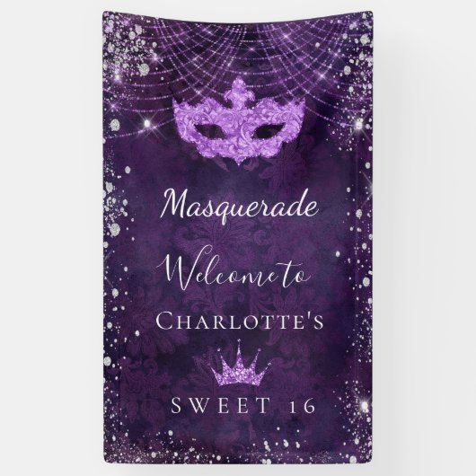 Masquerade paars zilverglitterstof Sweet 16 Spandoek (Verticaal)