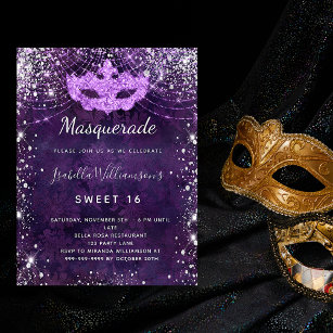 Masquerade paars zilverglitterstof Sweet 16 Uitnodiging Briefkaart