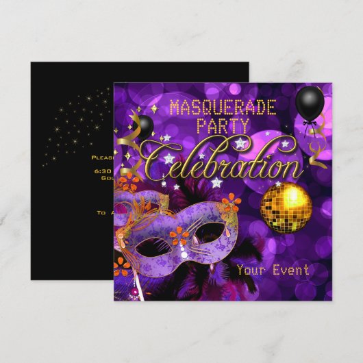 MASQUERADE Paarse Goud Dansfeest Disco Bal Kaart (Voorkant / Achterkant)