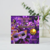 MASQUERADE Paarse Goud Dansfeest Disco Bal Kaart (Staand voorkant)