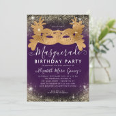 Masquerade Paarse Gouden Glitter Dust Verjaardagsf Kaart (Staand voorkant)