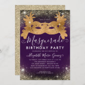 Masquerade Paarse Gouden Glitter Dust Verjaardagsf Kaart (Voorkant / Achterkant)