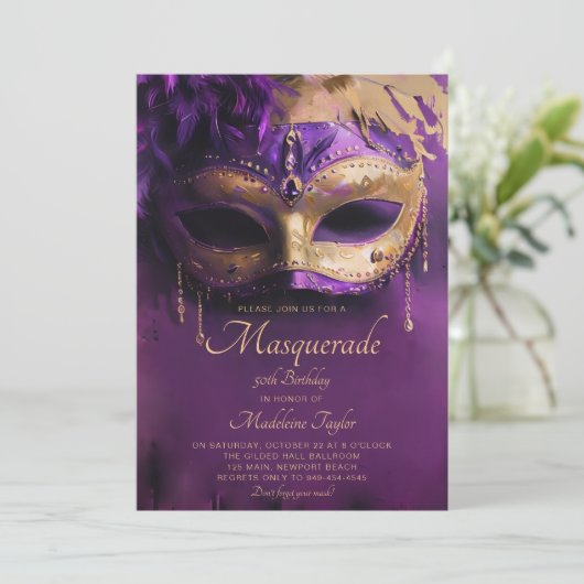 Masquerade Paarse gouden Venetiaanse Masker 50e ve Kaart (Staand voorkant)