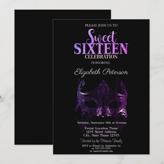 Masquerade,Paarse Masker Sweet 16 Uitnodiging (Voorkant / Achterkant)