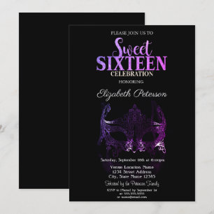 Masquerade,Paarse Masker Sweet 16 Uitnodiging