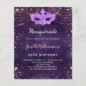 Masquerade paarse roos gouden feestuitnodiging (Voorkant)