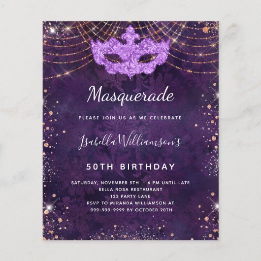 Masquerade paarse roos gouden feestuitnodiging (Voorkant)