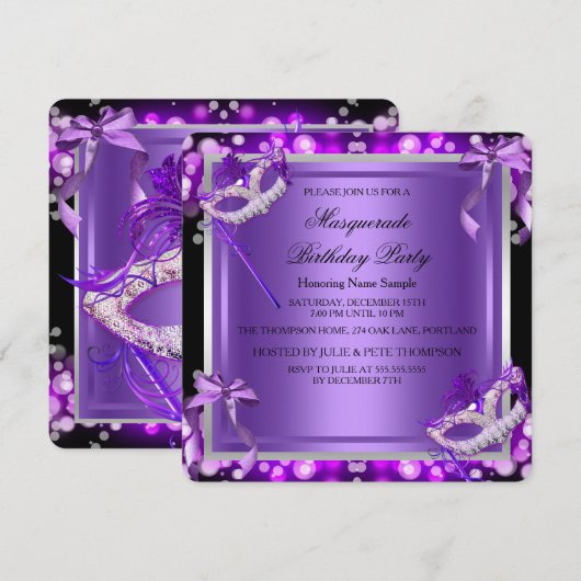 Masquerade Paarse roze maskers Birthday Party 2 Kaart (Voorkant / Achterkant)