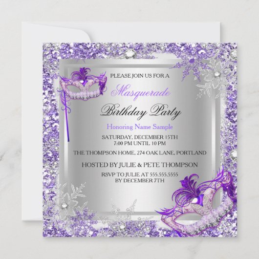 Masquerade Paarse Silver Snowflakes Maskerpartij Kaart (Voorkant)