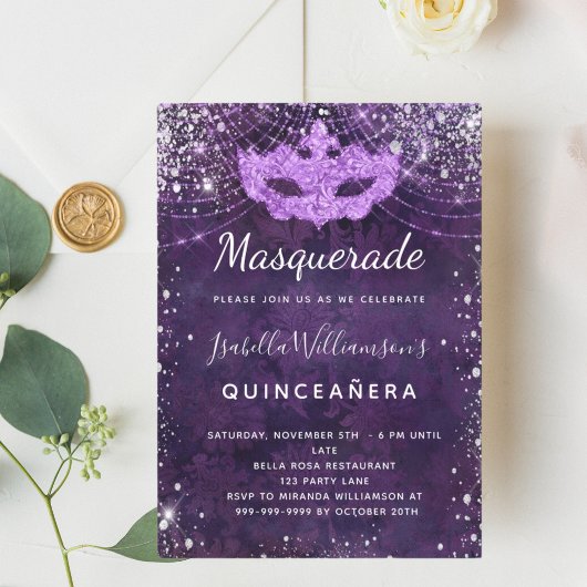 Masquerade paarse zilverglitterstof Quinceanera Kaart