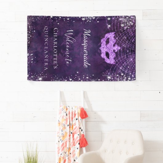 Masquerade paarse zilverglitterstof Quinceanera Spandoek (Insitu)