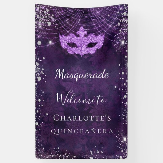 Masquerade paarse zilverglitterstof Quinceanera Spandoek (Verticaal)