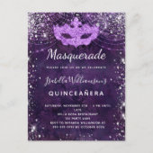 Masquerade paarse zilverglitterstof Quinceanera Uitnodiging Briefkaart (Voorkant)
