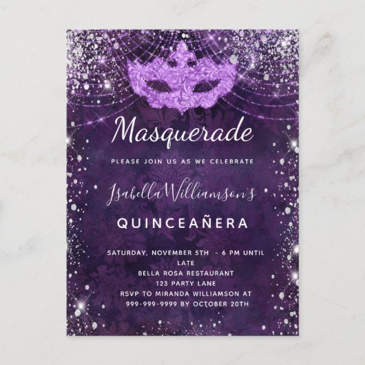Masquerade paarse zilverglitterstof Quinceanera Uitnodiging Briefkaart (Voorkant)