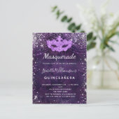 Masquerade paarse zilverglitterstof Quinceanera Uitnodiging Briefkaart (Staand voorkant)