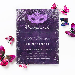 Masquerade paarse zilverglitterstof Quinceanera Uitnodiging Briefkaart