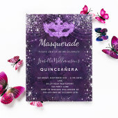 Masquerade paarse zilverglitterstof Quinceanera Uitnodiging Briefkaart