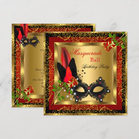 Masquerade Party Ball Gold Red Black Mask Roos Kaart (Voorkant / Achterkant)