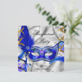 Masquerade Party Birthday Party Blue Silver Kaart (Staand voorkant)