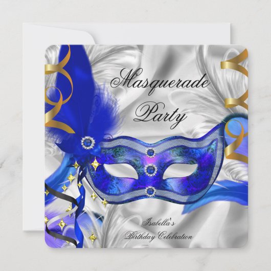 Masquerade Party Birthday Party Blue Silver Kaart (Voorkant)